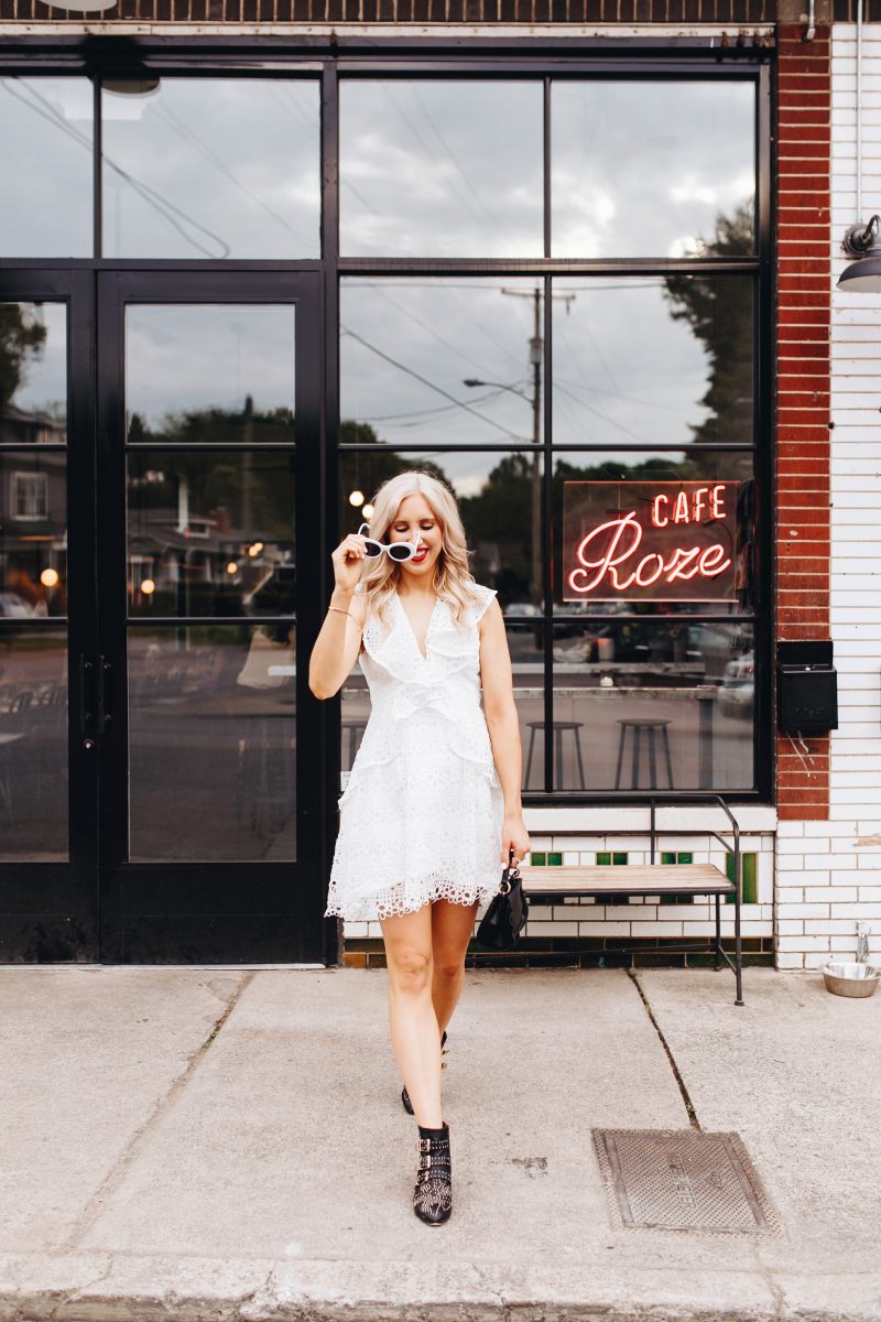 blush and camo, trendy sunglasses, retro sunglasses, white sunglasses, edgy style, feminine summer dress, blogger style, fashion blogger style, red lip, nashville blogger, cafe roze