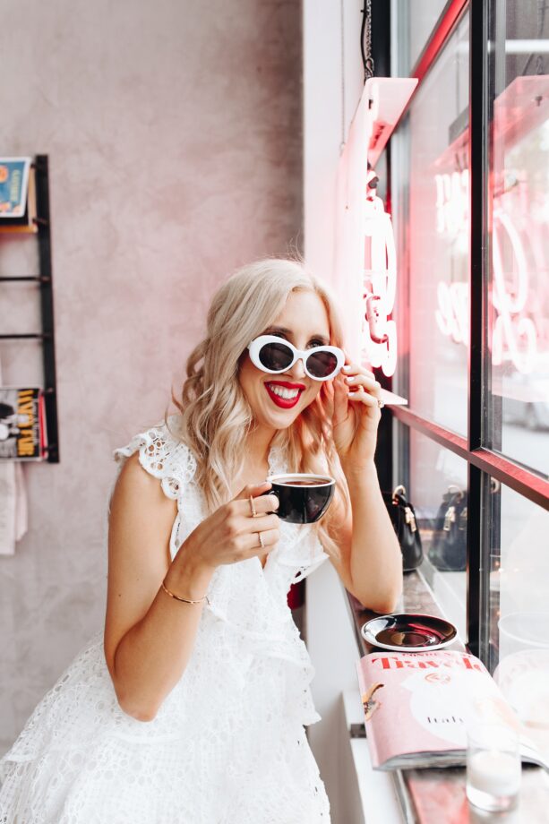 blush and camo, trendy sunglasses, retro sunglasses, white sunglasses, edgy style, feminine summer dress, blogger style, fashion blogger style, red lip, nashville blogger, cafe roze