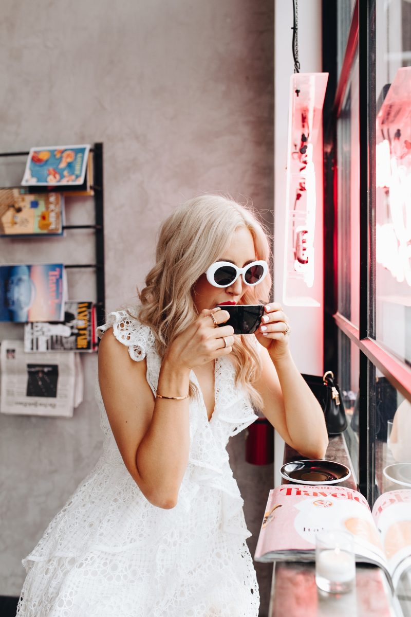 blush and camo, trendy sunglasses, retro sunglasses, white sunglasses, edgy style, feminine summer dress, blogger style, fashion blogger style, red lip, nashville blogger, cafe roze