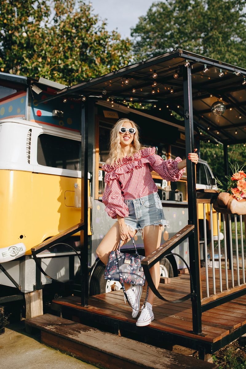 over the shoulder tops, OTS top, gingham print, gingham print top