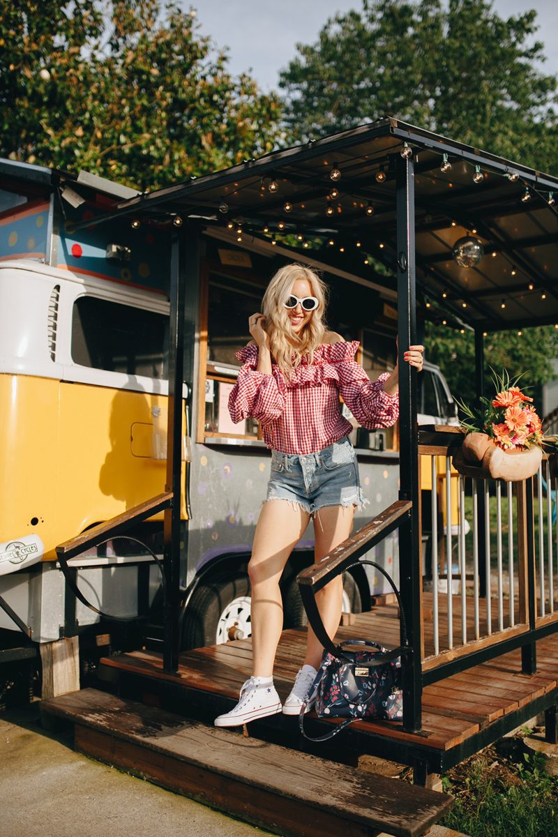 over the shoulder tops, OTS top, gingham print, gingham print top