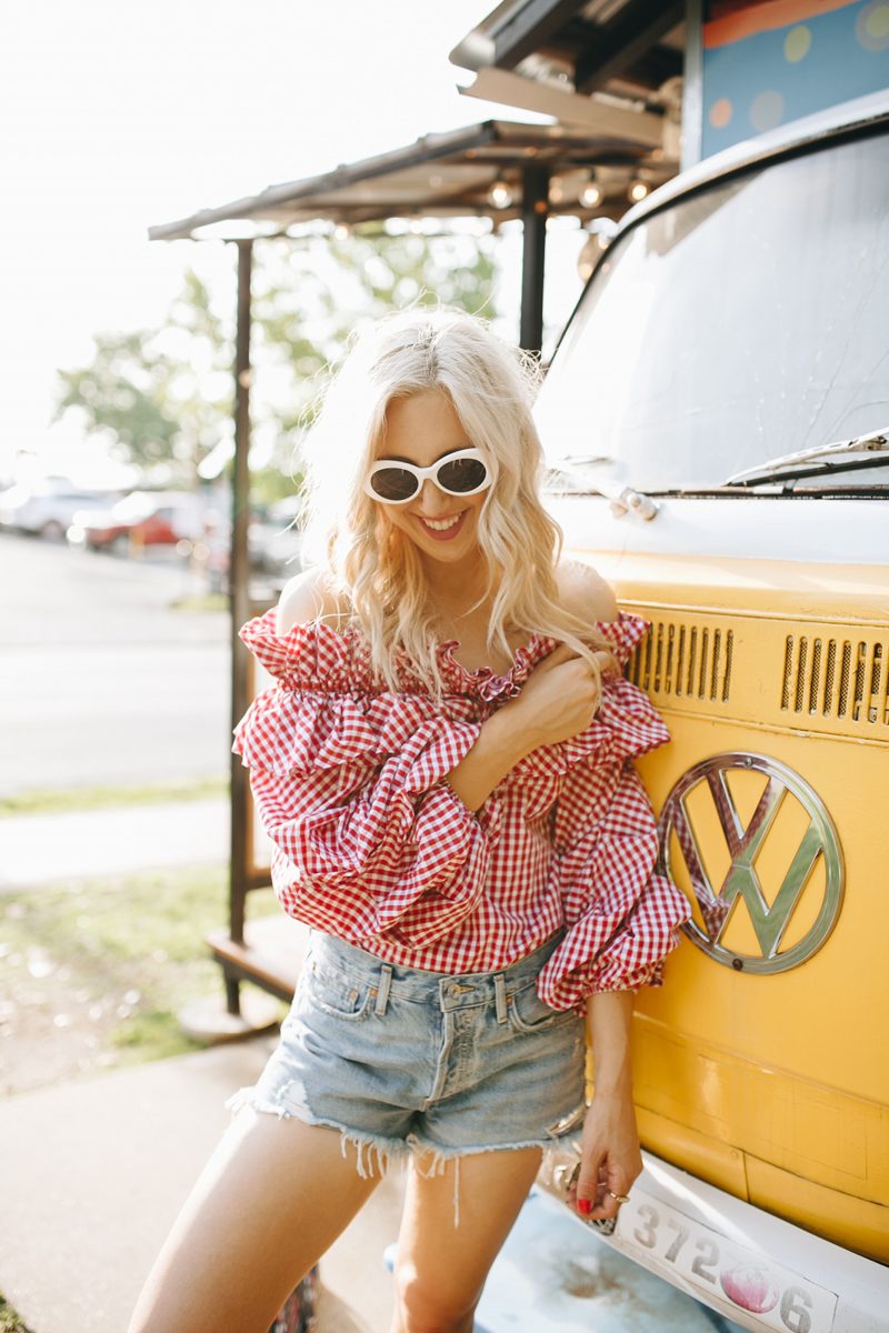 over the shoulder tops, OTS top, gingham print, gingham print top