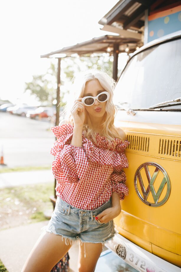 over the shoulder tops, OTS top, gingham print, gingham print top, over the shoulder, blush and camo