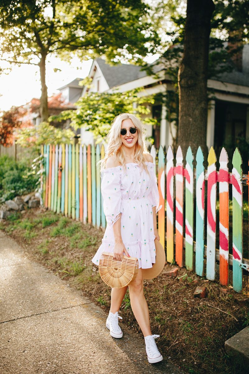 blush and camo, pineapple print, pineapple printed dress, kate spade dress, converse, converse shoes, summer style, summer blogger style