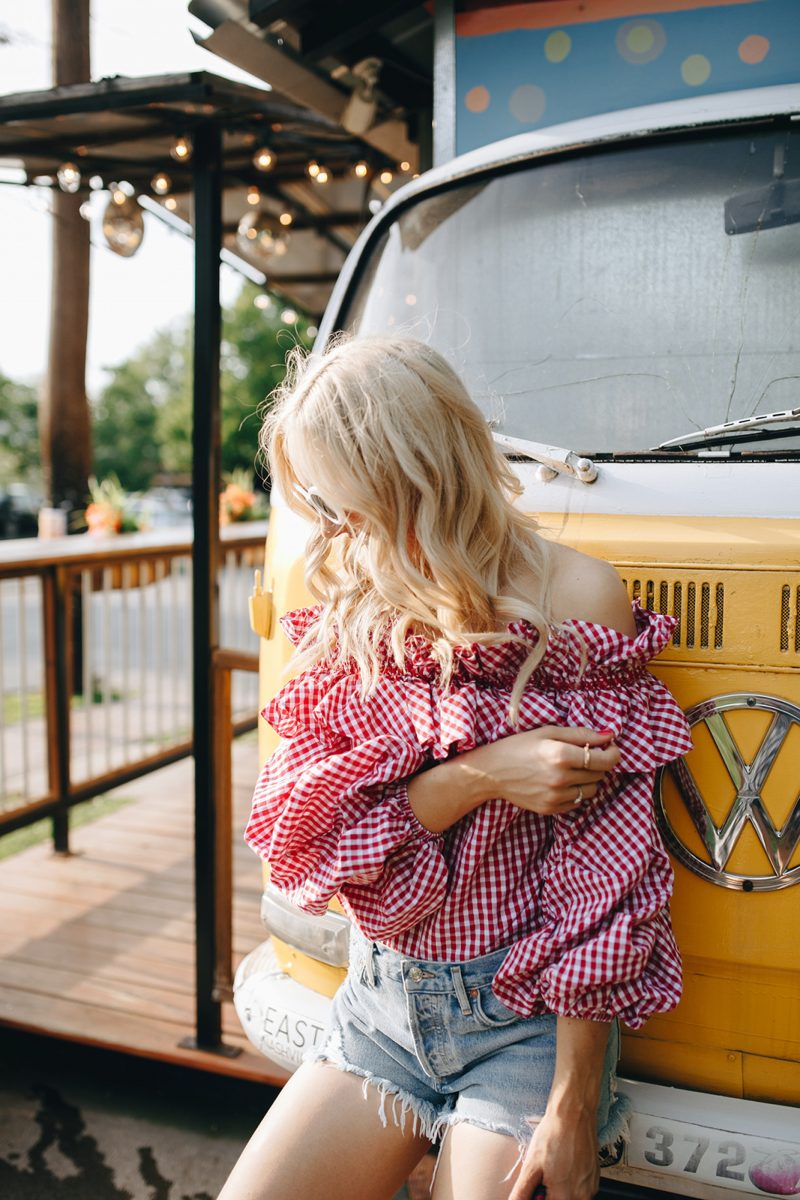 over the shoulder tops, OTS top, gingham print, gingham print top